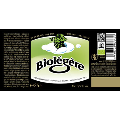 5410702000409 Biolégère<sup>1</sup> - 25cl Bottle conditioned organic beer (control BE-BIO-01) Sticker Front